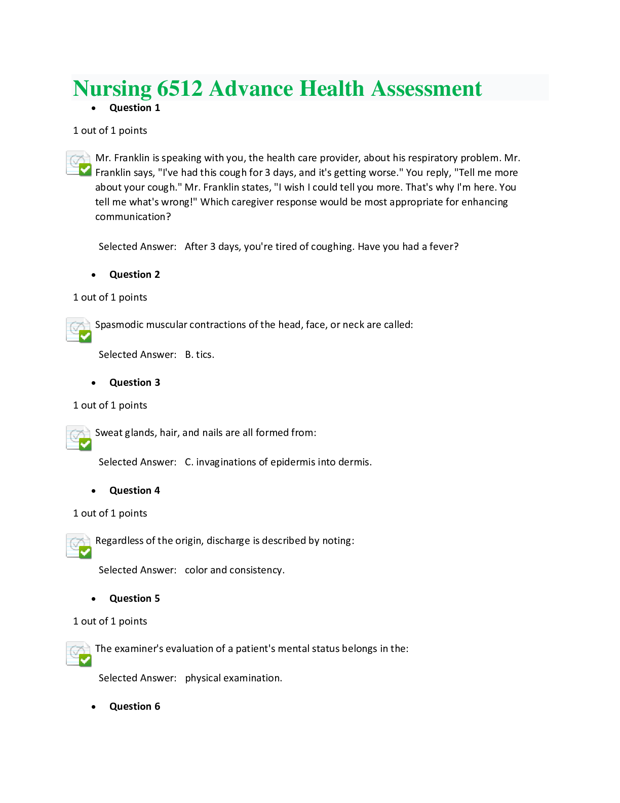 Preview of Nursing 6512 Advance Health Assessment Questions And Answers (100% Correct)